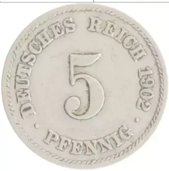 Монета 5 пфеннигов Германии 1902 года Медно-никель F