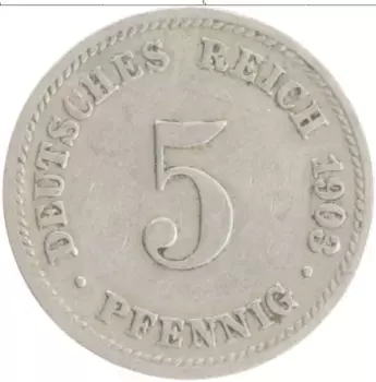 Монета 5 пфеннигов Германии 1903 года Медно-никель D