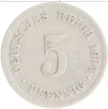 Монета 5 пфеннигов Германии 1903 года Медно-никель D