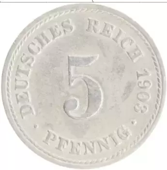 Монета 5 пфеннигов Германии 1903 года Медно-никель F