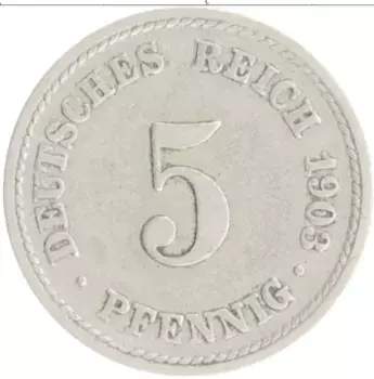 Монета 5 пфеннигов Германии 1903 года Медно-никель F