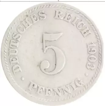 Монета 5 пфеннигов Германии 1903 года Медно-никель D
