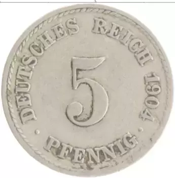 Монета 5 пфеннигов Германии 1904 года Медно-никель F