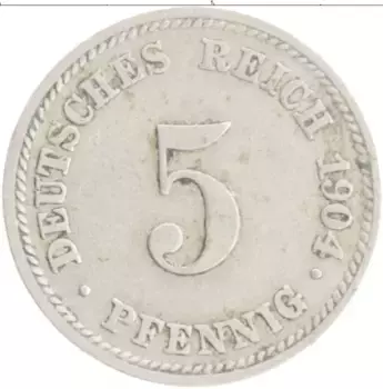 Монета 5 пфеннигов Германии 1904 года Медно-никель D