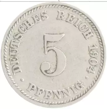Монета 5 пфеннигов Германии 1904 года Медно-никель D