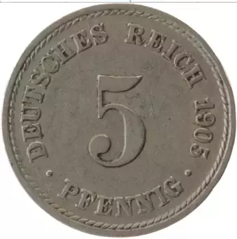 Монета 5 пфеннигов Германии 1905 года Медно-никель А