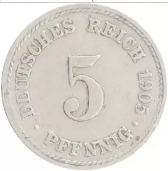 Монета 5 пфеннигов Германии 1905 года Медно-никель F