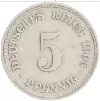 Монета 5 пфеннигов Германии 1905 года Медно-никель F