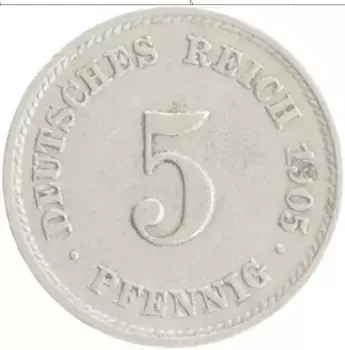 Монета 5 пфеннигов Германии 1905 года Медно-никель E