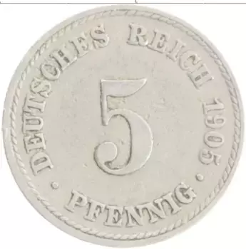 Монета 5 пфеннигов Германии 1905 года Медно-никель F