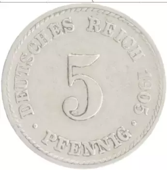 Монета 5 пфеннигов Германии 1905 года Медно-никель F