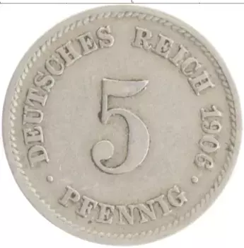Монета 5 пфеннигов Германии 1906 года Медно-никель E
