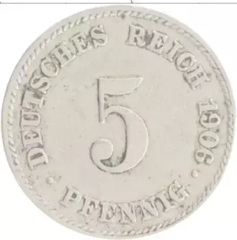Монета 5 пфеннигов Германии 1906 года Медно-никель J