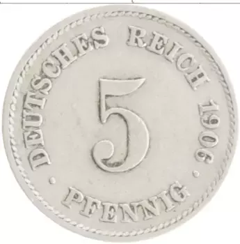 Монета 5 пфеннигов Германии 1906 года Медно-никель E