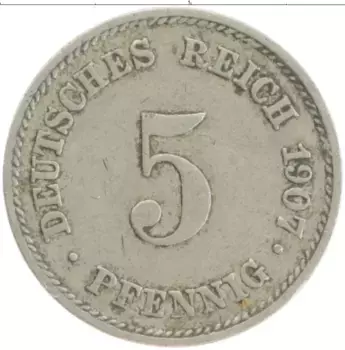 Монета 5 пфеннигов Германии 1907 года Медно-никель Е