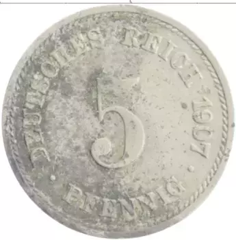 Монета 5 пфеннигов Германии 1907 года Медно-никель G