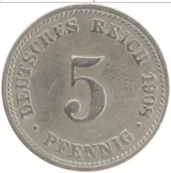 Монета 5 пфеннигов Германии 1908 года Медно-никель D