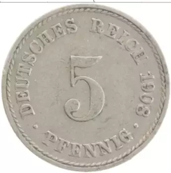 Монета 5 пфеннигов Германии 1908 года Медно-никель A