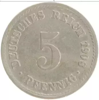 Монета 5 пфеннигов Германии 1908 года Медно-никель A