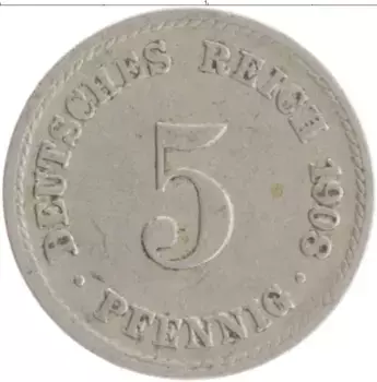Монета 5 пфеннигов Германии 1908 года Медно-никель A
