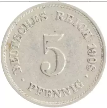 Монета 5 пфеннигов Германии 1908 года Медно-никель G