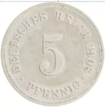Монета 5 пфеннигов Германии 1908 года Медно-никель F