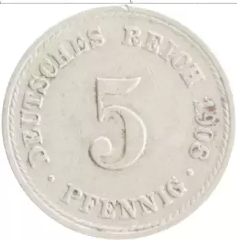 Монета 5 пфеннигов Германии 1908 года Медно-никель A