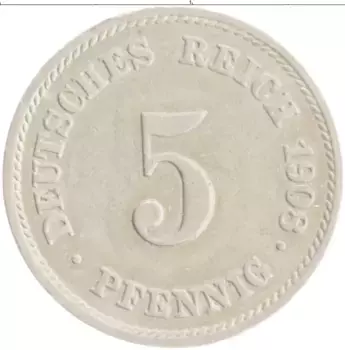 Монета 5 пфеннигов Германии 1908 года Медно-никель J