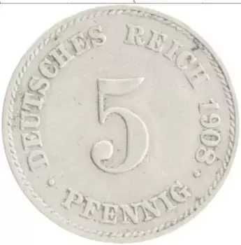 Монета 5 пфеннигов Германии 1908 года Медно-никель J