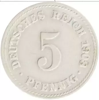 Монета 5 пфеннигов Германии 1908 года Медно-никель A