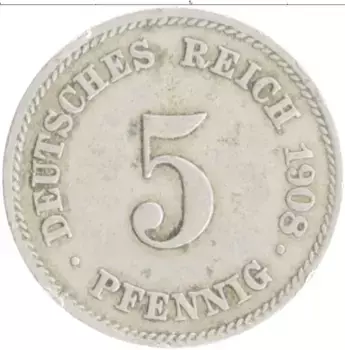 Монета 5 пфеннигов Германии 1908 года Медно-никель J