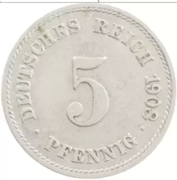 Монета 5 пфеннигов Германии 1908 года Медно-никель G