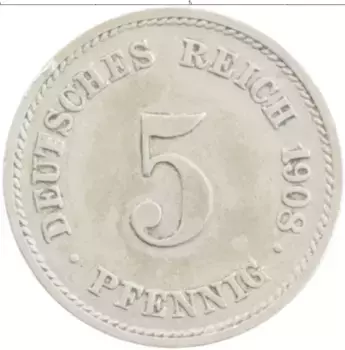 Монета 5 пфеннигов Германии 1908 года Медно-никель G