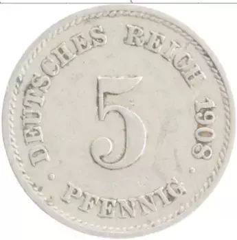 Монета 5 пфеннигов Германии 1908 года Медно-никель F