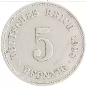 Монета 5 пфеннигов Германии 1908 года Медно-никель J