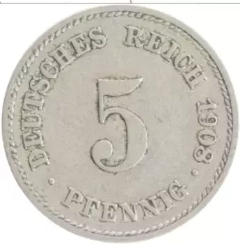 Монета 5 пфеннигов Германии 1908 года Медно-никель Е