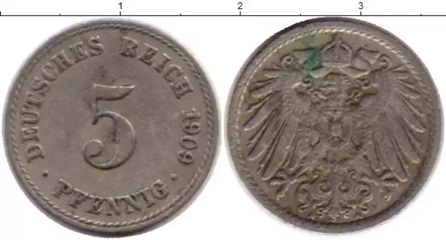 Монета 5 пфеннигов Германии 1909 года Медно-никель A
