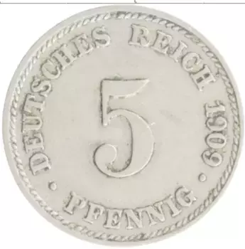 Монета 5 пфеннигов Германии 1909 года Медно-никель D