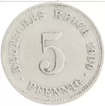 Монета 5 пфеннигов Германии 1909 года Медно-никель D