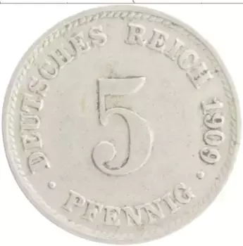 Монета 5 пфеннигов Германии 1909 года Медно-никель D