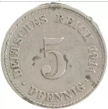 Монета 5 пфеннигов Германии 1911 года Медно-никель А