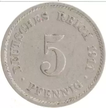 Монета 5 пфеннигов Германии 1911 года Медно-никель Е