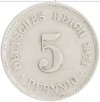 Монета 5 пфеннигов Германии 1911 года Медно-никель E