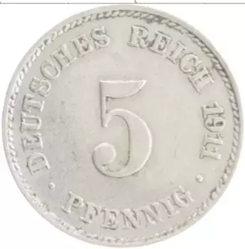 Монета 5 пфеннигов Германии 1911 года Медно-никель J
