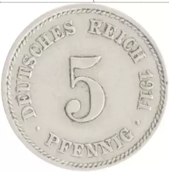 Монета 5 пфеннигов Германии 1911 года Медно-никель E