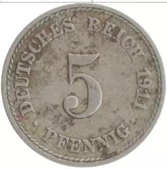 Монета 5 пфеннигов Германии 1911 года Медно-никель A