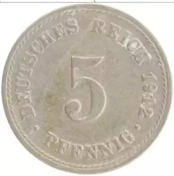 Монета 5 пфеннигов Германии 1912 года Медно-никель A