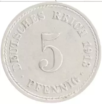 Монета 5 пфеннигов Германии 1913 года Медно-никель А