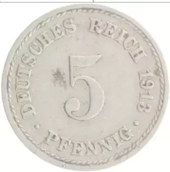 Монета 5 пфеннигов Германии 1913 года Медно-никель А