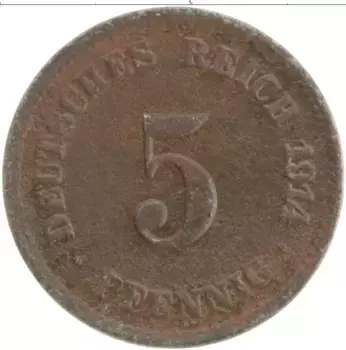 Монета 5 пфеннигов Германии 1914 года Медно-никель